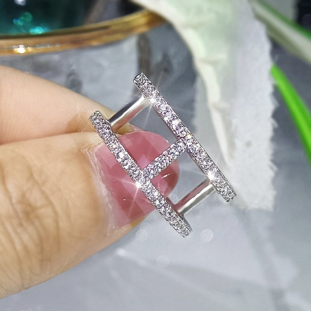 🌸Trendy CZ Glitter Micro Pave Silver Double Layer Hollow Fashion Ring,UNVN12223 - Picture 4 of 6